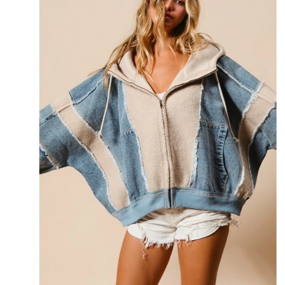 BiBi Blue Denim and Cream Sherpa Hooded Jacket - Picture 2 of 12